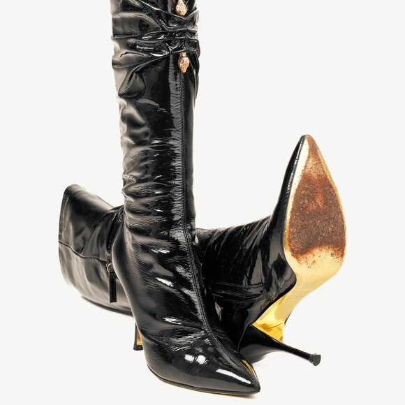 Roberto Cavalli Black Patent Leather Twin-Snake-Heads Tall Stiletto Boot - Picture 4 of 12